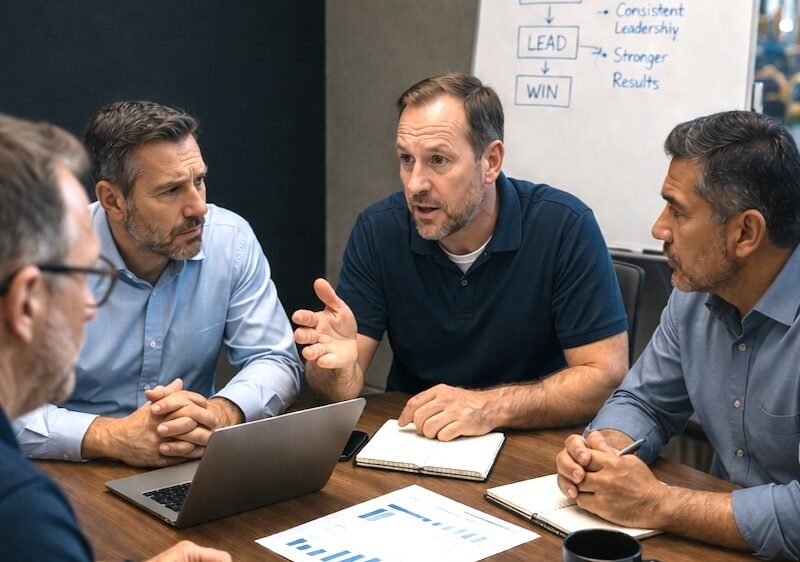 Four managers are meeting to discuss when leadership style meets trust