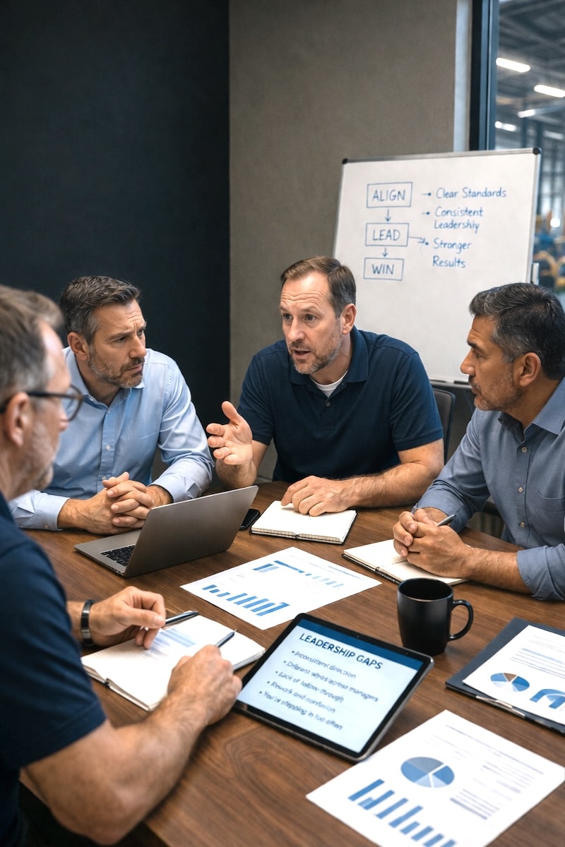 Four managers are meeting on leadership gaps.